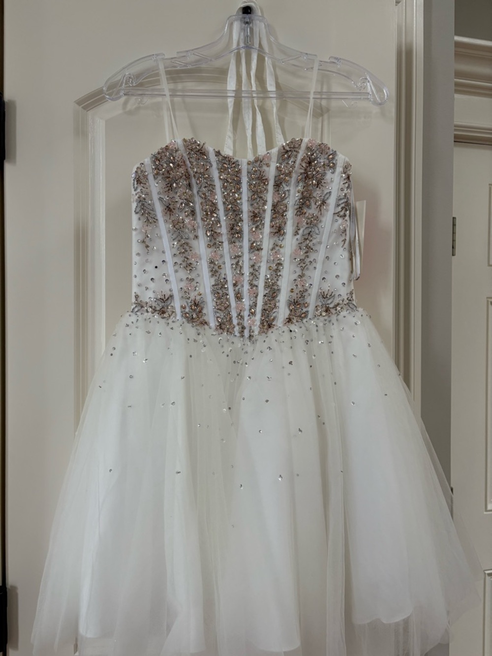 Jovani White Tulle Formal Dress with Rose Gold Embellishment